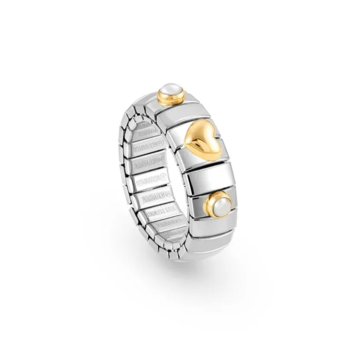 STRETCH RING WITH GOLD HEART AND STONES - WHITE PEARL