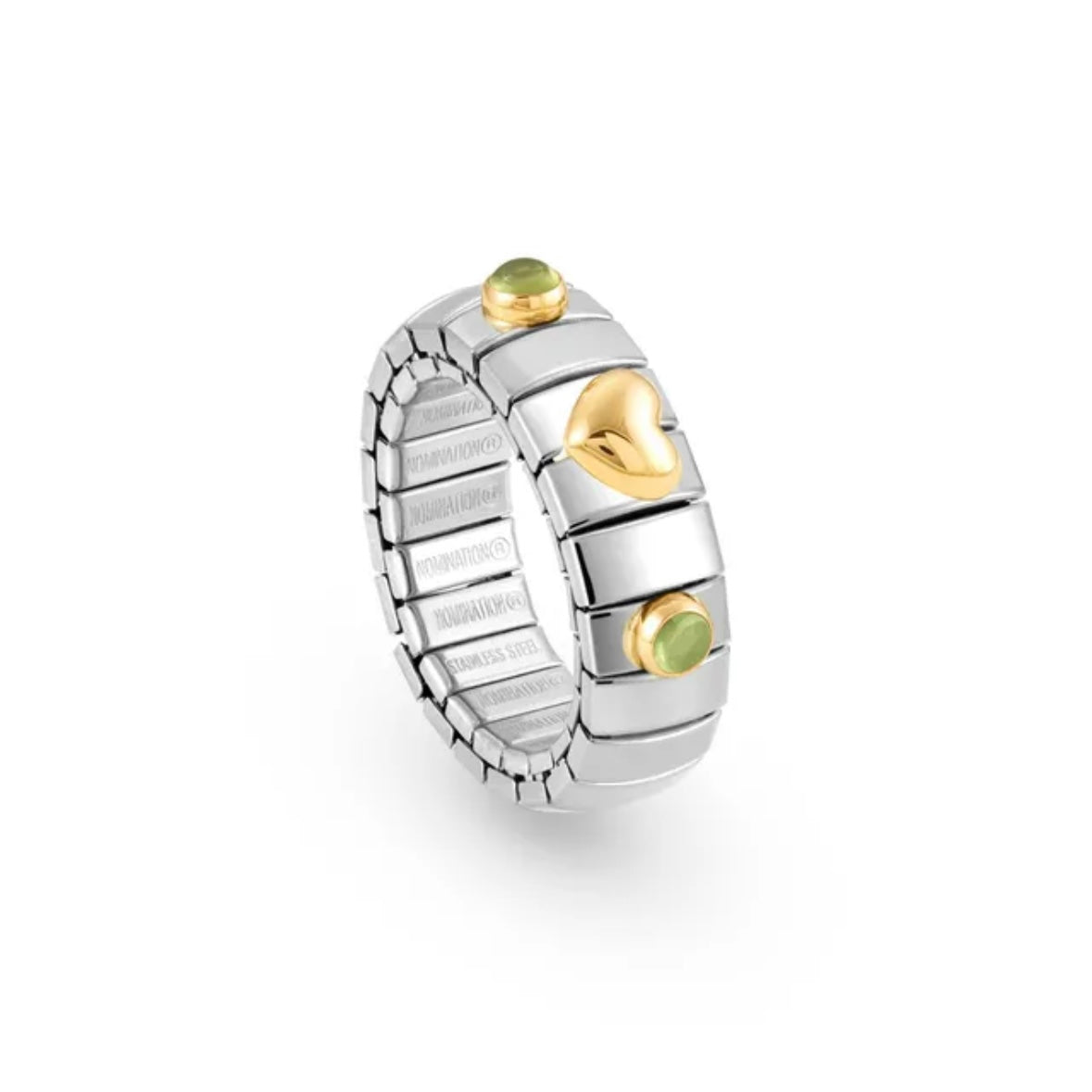 STRETCH RING WITH GOLD HEART AND STONES - PERIDOT