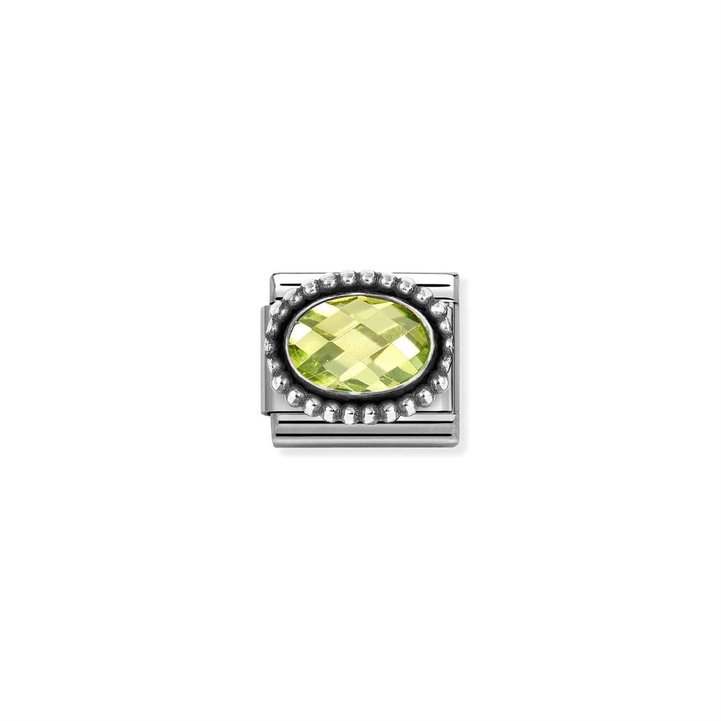 LINK, OXIDIZED OVAL BEADED GREEN STONE