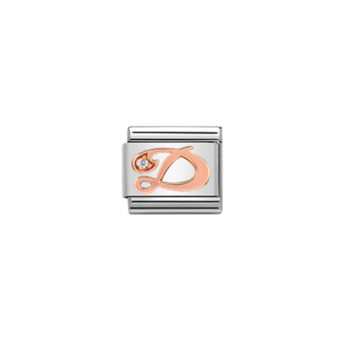 LINK, LETTER D IN ROSE GOLD AND CUBIC ZIRCONIA