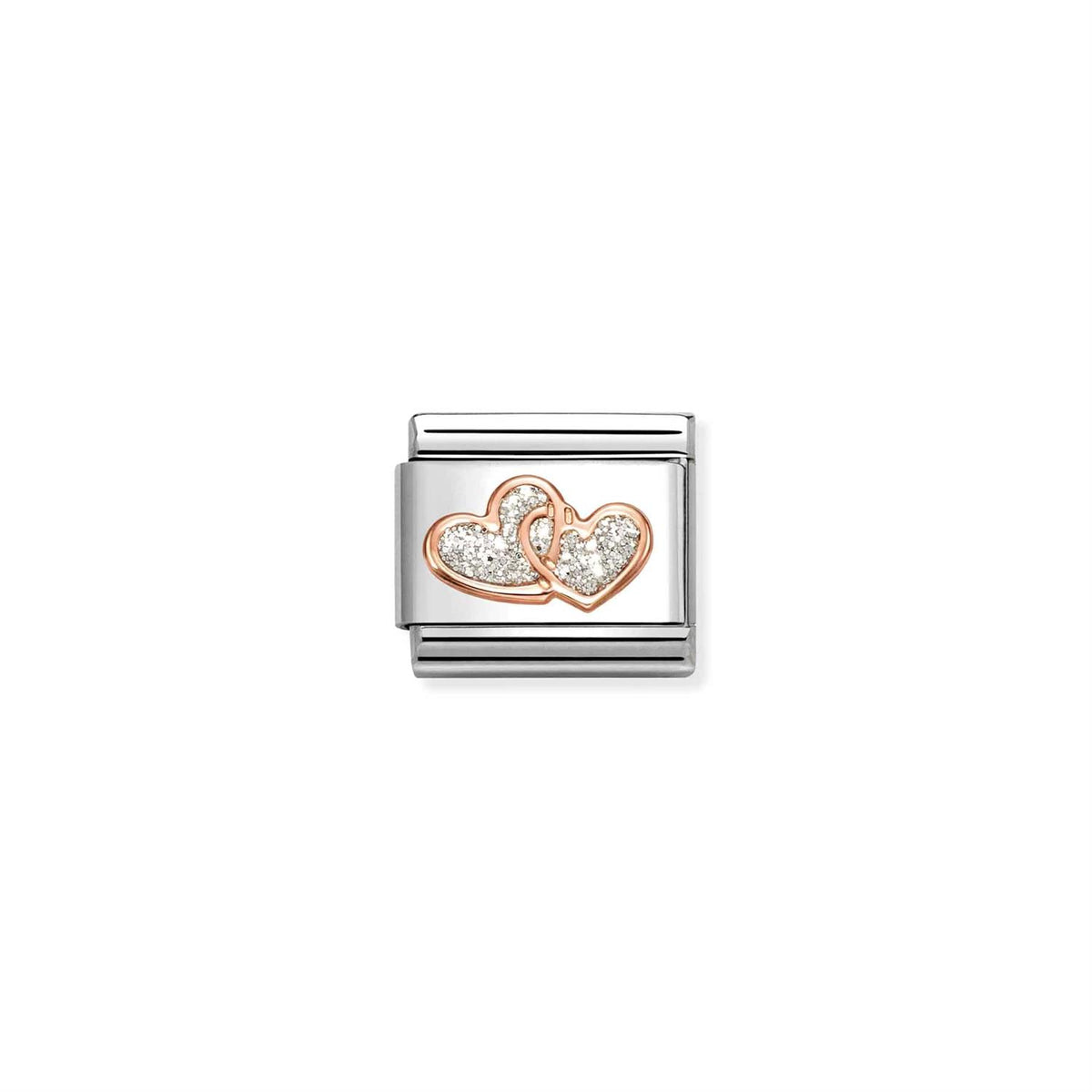 LINK, DOUBLE HEARTS IN ROSEGOLD WITH SILVER GLITTER