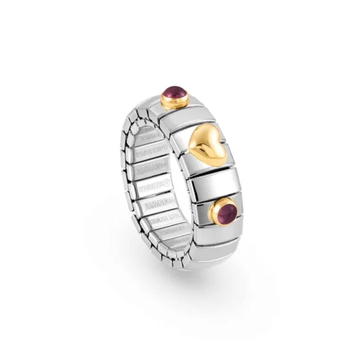STRETCH RING WITH GOLD HEART AND STONES - GARNET