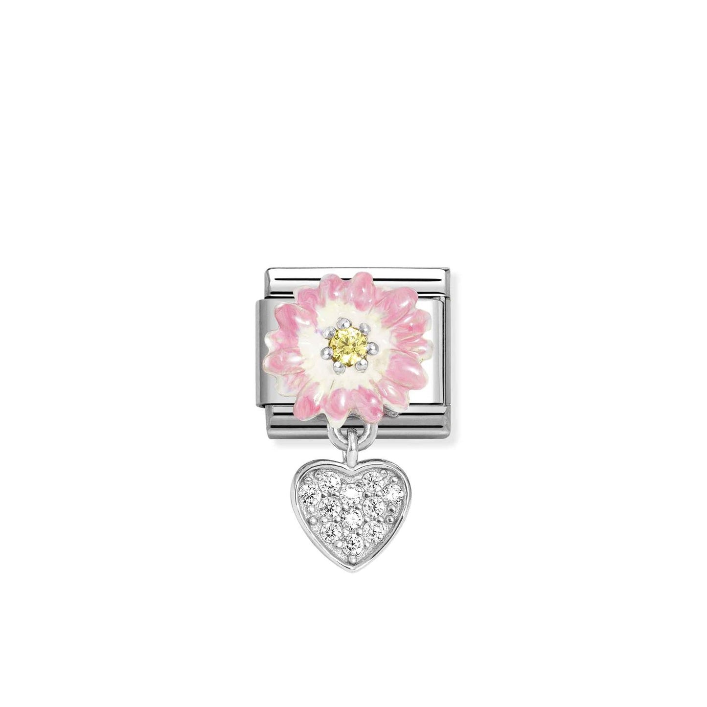 LINK, PINK FLOWER, YELLOW ZIRCONA ,HEART PENDANT