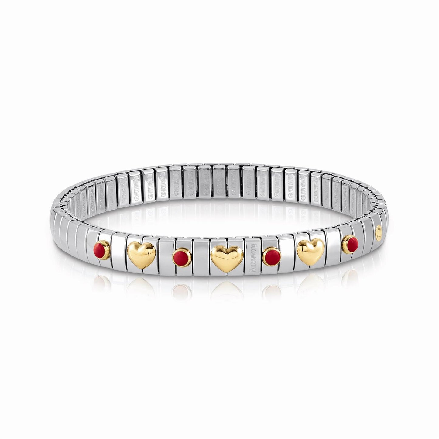 STRETCH BRACELET WITH 3 GOLD HEARTS & STONES - RED CORAL