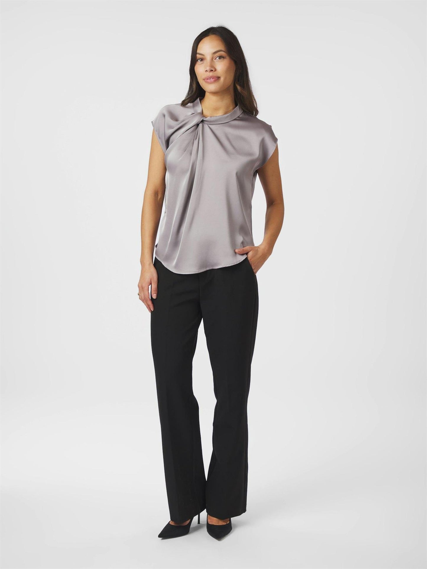 Fleur Drapy Satin Blouse - Grey