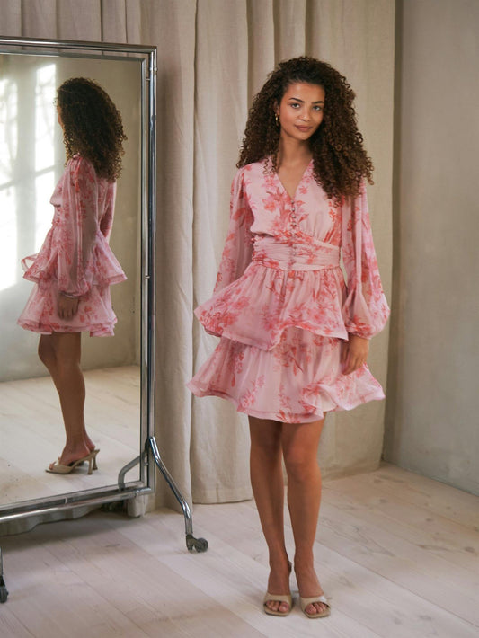 Rivana Print Chiffon Dress - Pink