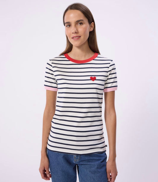 Tee-Shirt Round Neck - Red Heart / Navy Stripes