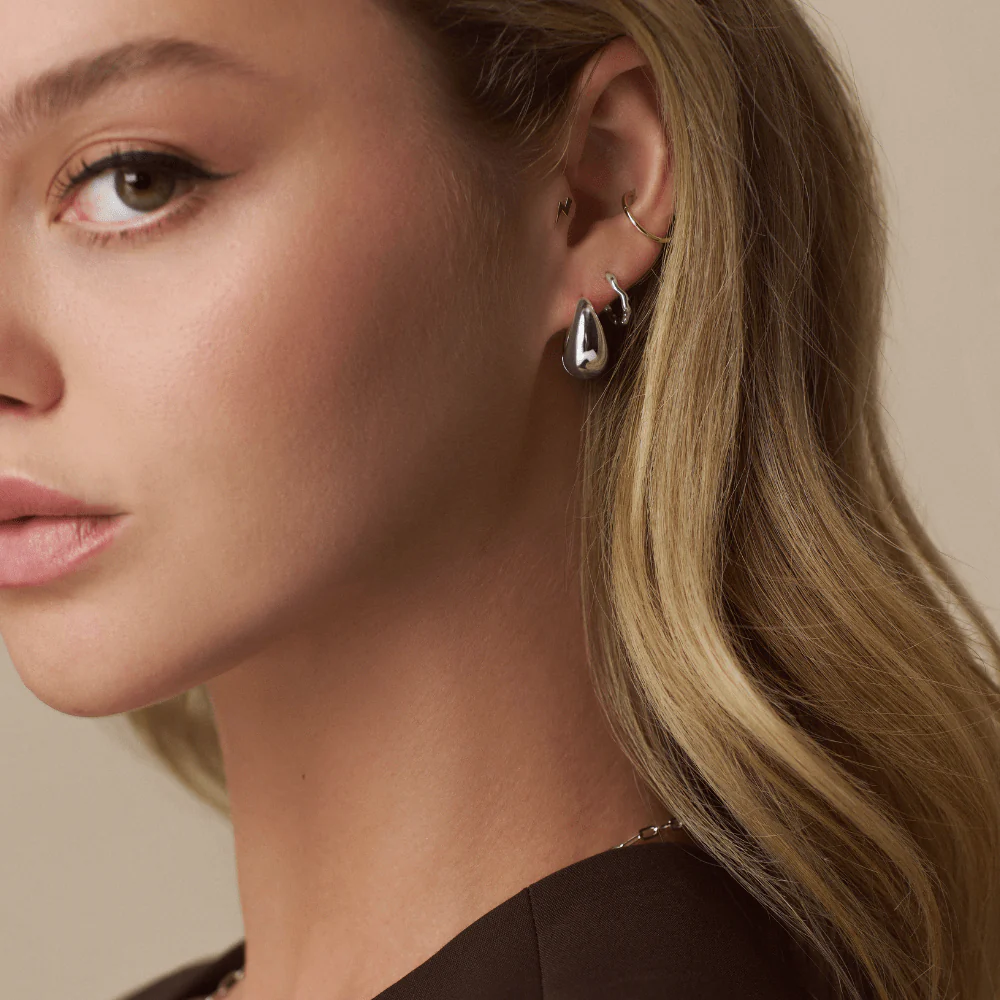 Organic Round Wave Silver Huggie Hoops
