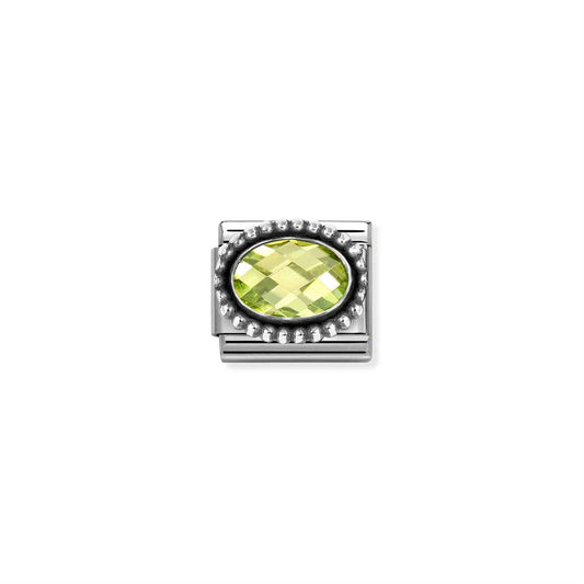 LINK, OXIDIZED OVAL BEADED GREEN STONE