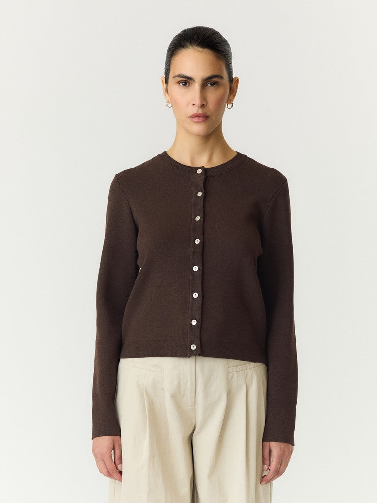 YASELENA SS KNIT CARDIGAN - COFFE BEAN/MELANGE