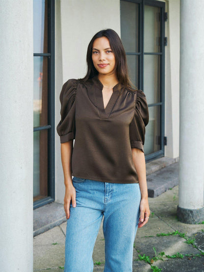 Roella Heavy Sateen Blouse - Dark brown