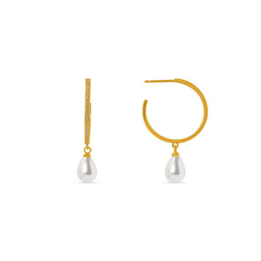 Gold Fine Pave Peardrop Pearl Mid-Sized Hoops