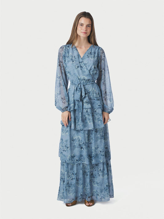 Denila Crepe Print Dress - Dusty Blue