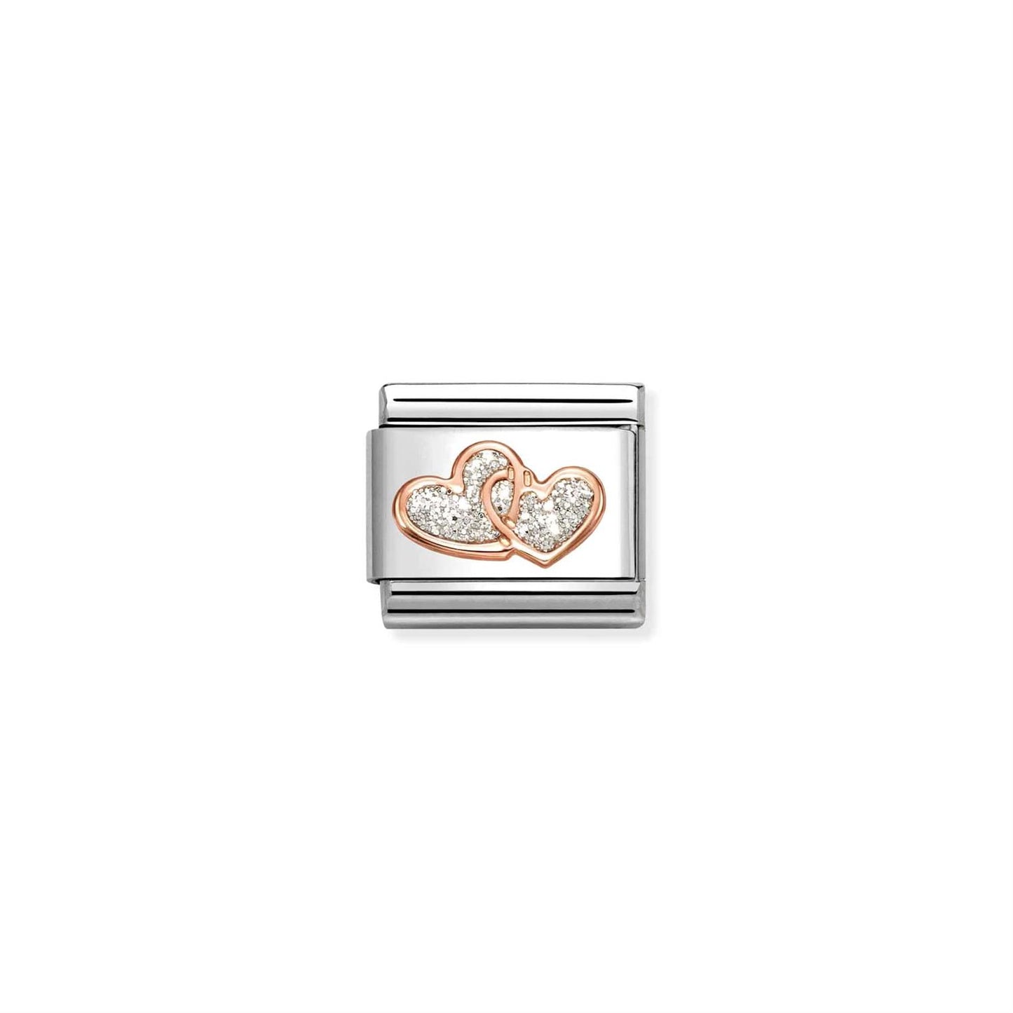 LINK, DOUBLE HEARTS IN ROSEGOLD WITH SILVER GLITTER