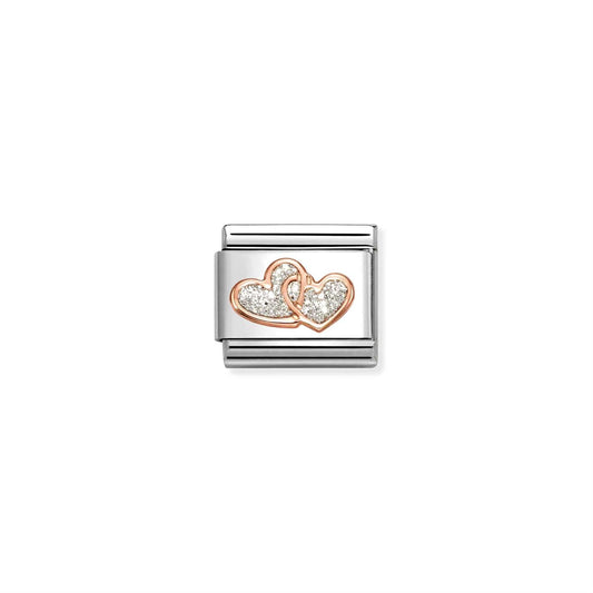 LINK, DOUBLE HEARTS IN ROSEGOLD WITH SILVER GLITTER