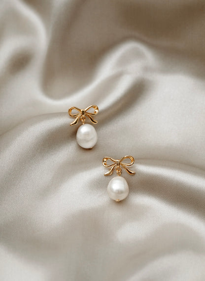 Metal Bow & Pearl Drop Earrings