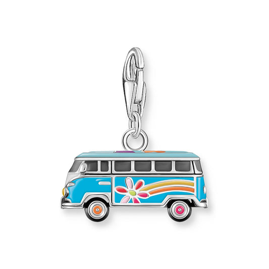 Silver Charm Pendant Volkswagen Blue Hippie Bus