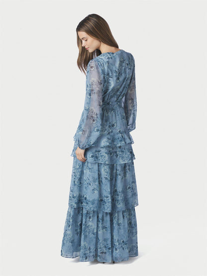 Denila Crepe Print Dress - Dusty Blue