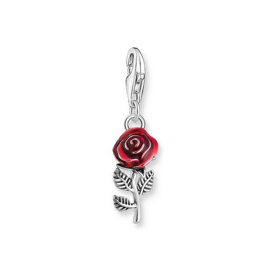 Silver Blackened Charm Pendant In Red Rose Design
