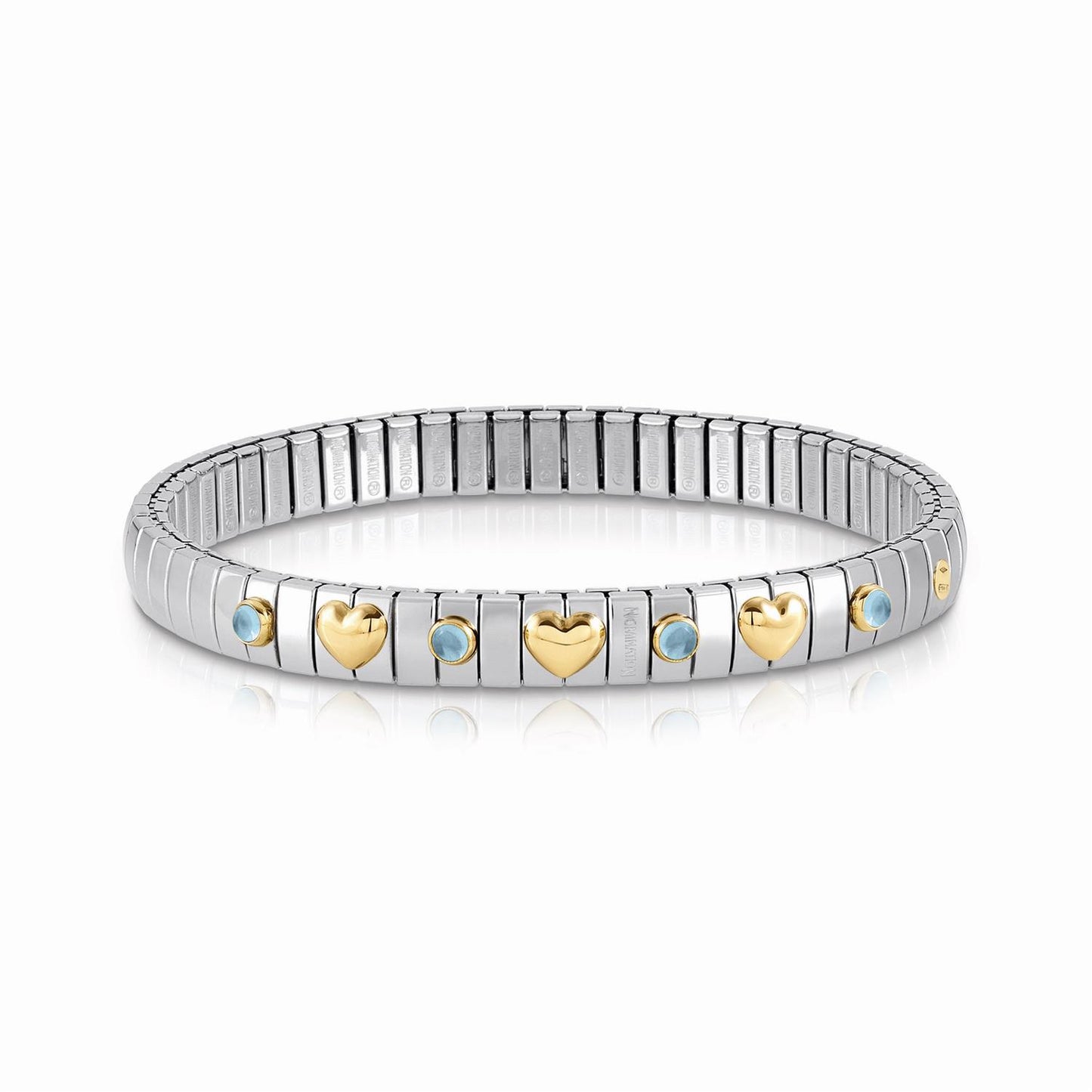 STRETCH BRACELET WITH 3 GOLD HEARTS & STONES - BLUE TOPAZ