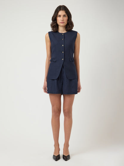 YASGANA LINEN BLEND WAISTCOAT - NAVY BLAZER