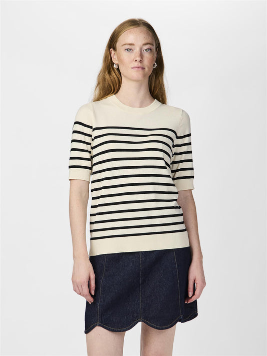 YASLENA SS KNIT TOP - BIRCH/BLACK STRIPE