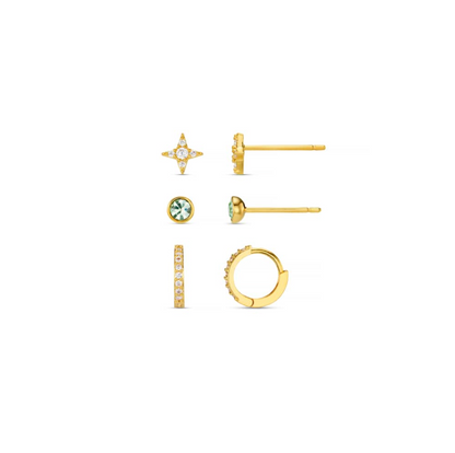 Pave cross & green stud earrings pack