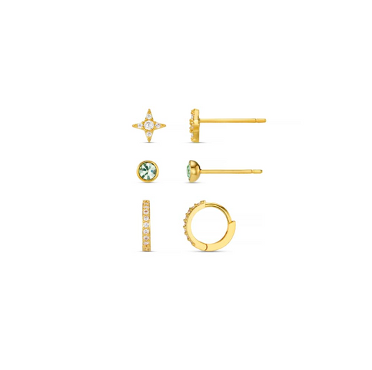 Pave cross & green stud earrings pack