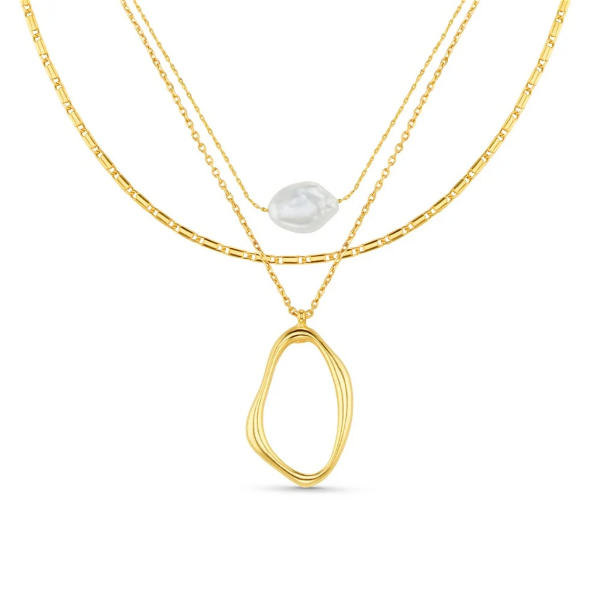Organic oval & pearl 3-row necklace
