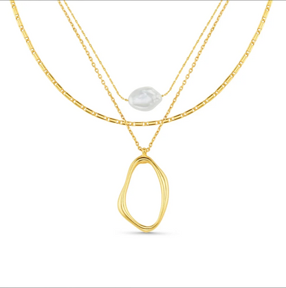 Organic oval & pearl 3-row necklace