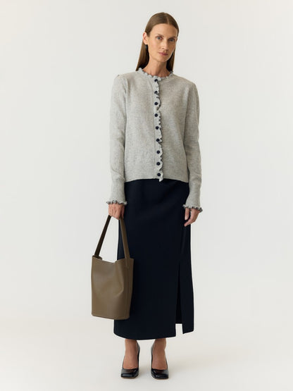 YASERONIA LS WOOL KNIT CARDIGAN S. - LIGHT GREY MELA/NAVY BLAZE