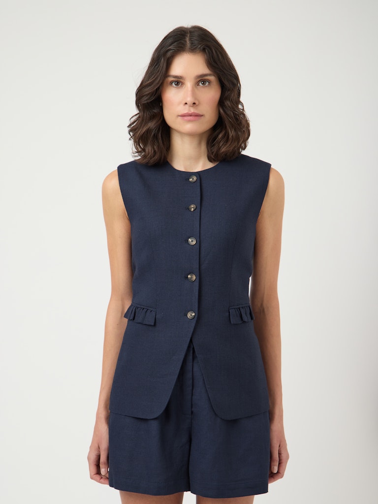 YASGANA LINEN BLEND WAISTCOAT - NAVY BLAZER