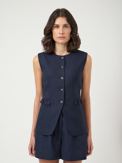 YASGANA LINEN BLEND WAISTCOAT - NAVY BLAZER