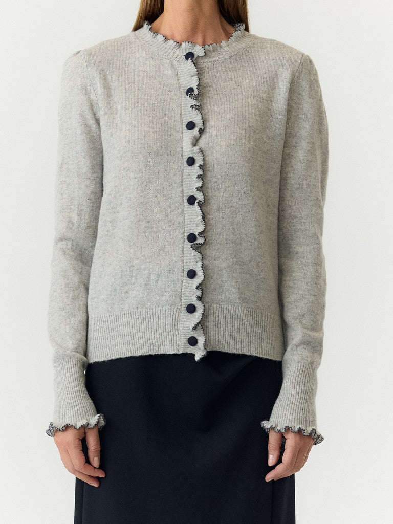 YASERONIA LS WOOL KNIT CARDIGAN S. - LIGHT GREY MELA/NAVY BLAZE