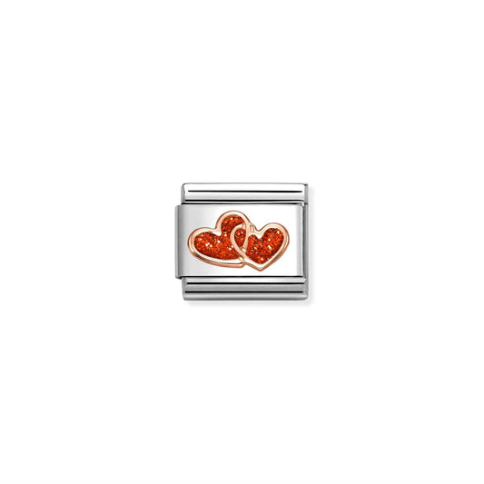 LINK, DOUBLE HEARTS IN ROSEGOLD WITH RED GLITTER