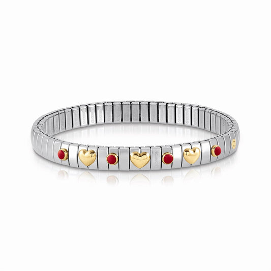 STRETCH BRACELET WITH 3 GOLD HEARTS & STONES - RED CORAL