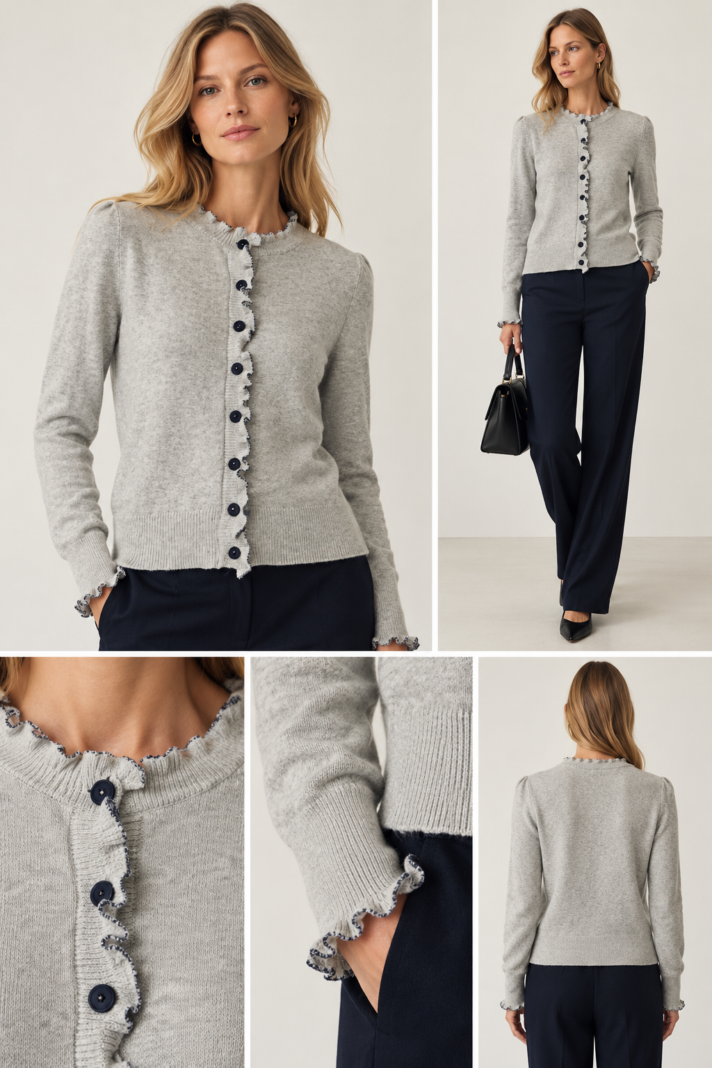 YASERONIA LS WOOL KNIT CARDIGAN S. - LIGHT GREY MELA/NAVY BLAZE