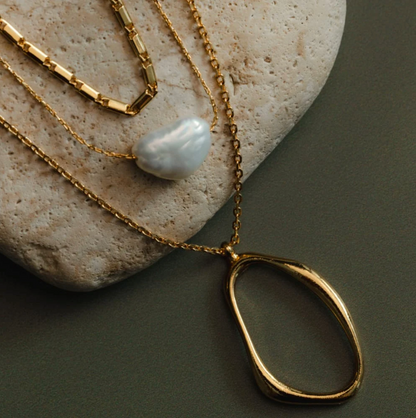 Organic oval & pearl 3-row necklace