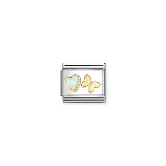LINK, WHITE OPAL HEART AND GOLD BUTTERFLY
