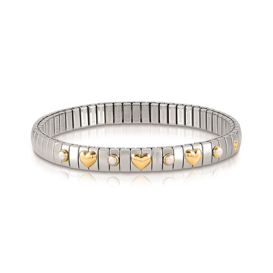 STRETCH BRACELET WITH 3 GOLD HEARTS & STONES - WHITE PEARL