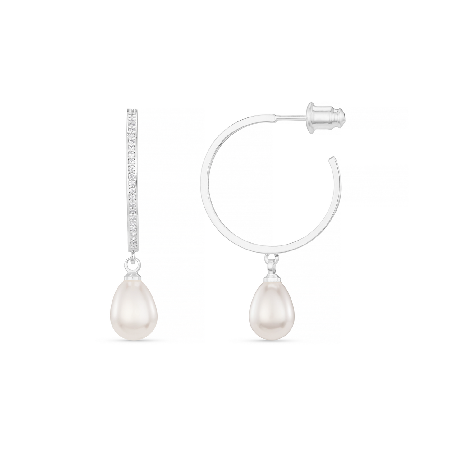 Silver Fine Pave Peardrop Pearl Mid-Sized Hoops