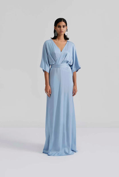 Lilly Wrap Maxi Satin Dress - Dusty Blue