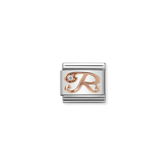 LINK, LETTER R IN ROSE GOLD AND CUBIC ZIRCONIA