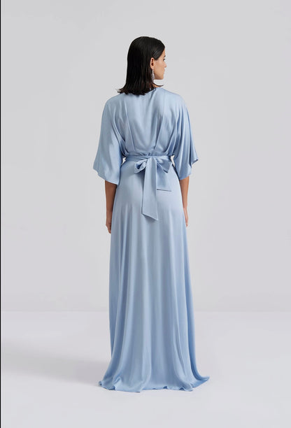 Lilly Wrap Maxi Satin Dress - Dusty Blue