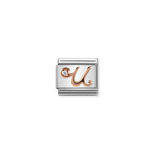 LINK, LETTER U IN ROSE GOLD AND CUBIC ZIRCONIA